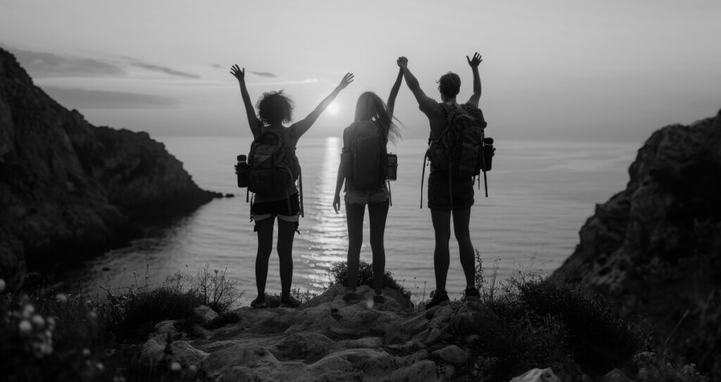 De jeunes randonneurs levant les bras face à la mer